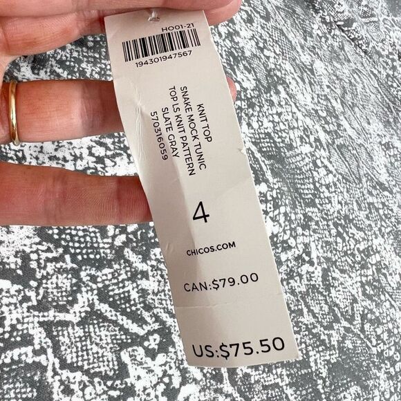 Chico's Tunic Top Women's 4X Slate Gray Snake Long Sleeve Mock Neck Back Zip NWT - Picture 4 of 12